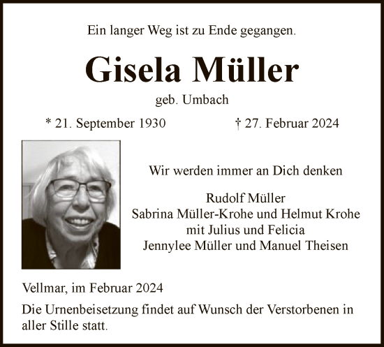 Todesanzeige von Gisela Müller von HNA