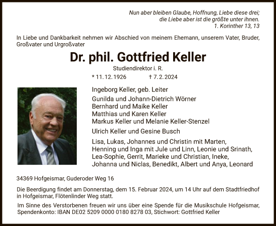 Todesanzeige von Gottfried Keller von HNA