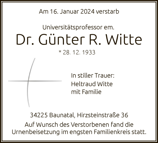 Todesanzeige von Günter R. Witte von HNA