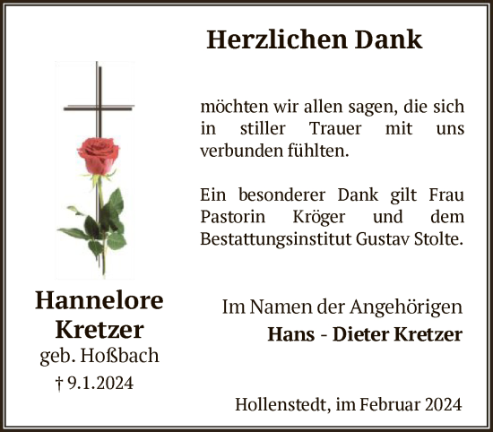 Todesanzeige von Hannelore Kretzer von HNA