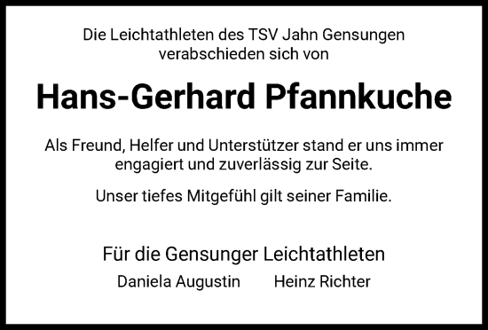 Todesanzeige von Hans-Gerhard Pfannkuche von HNA