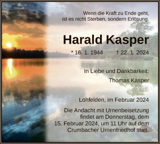 Todesanzeige von Harald Kasper von HNA