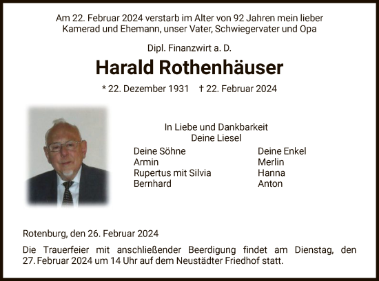 Todesanzeige von Harald Rothenhäuser von HNA