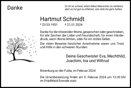 Todesanzeige von Hartmut Schmidt von HNA
