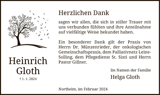 Todesanzeige von Heinrich Gloth von HNA