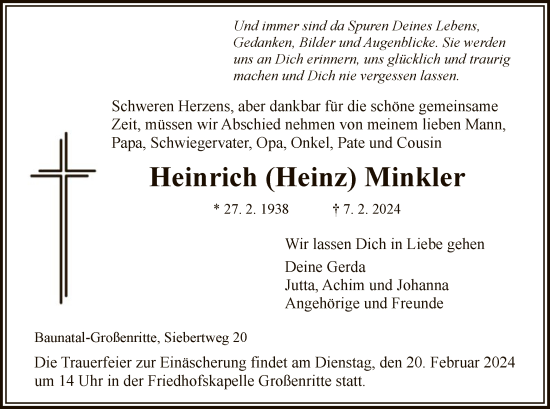 Todesanzeige von Heinrich Minkler von HNA