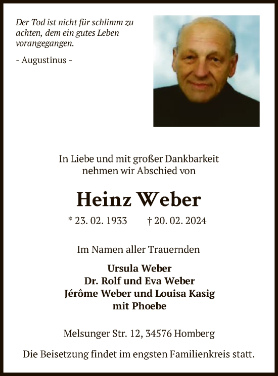 Todesanzeige von Heinz Weber von HNA