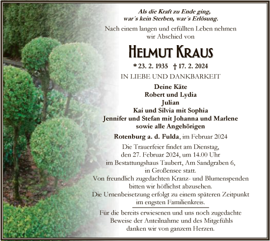 Todesanzeige von Helmut Kraus von HNA