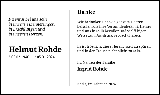 Todesanzeige von Helmut Rohde von HNA