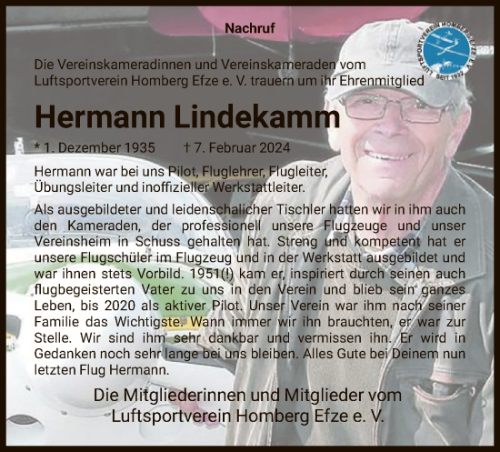 Todesanzeige von Hermann Lindekamm von HNA