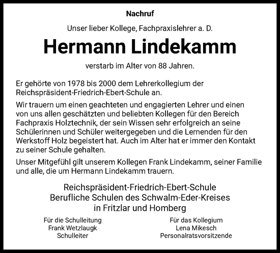 Todesanzeige von Hermann Lindekamm von HNA