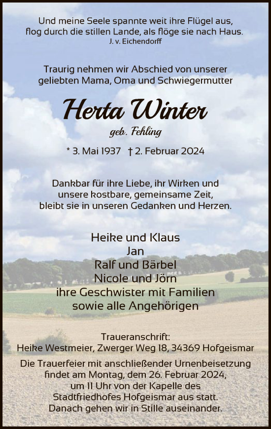 Todesanzeige von Herta Winter von HNA