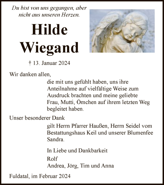 Todesanzeige von Hilde Wiegand von HNA