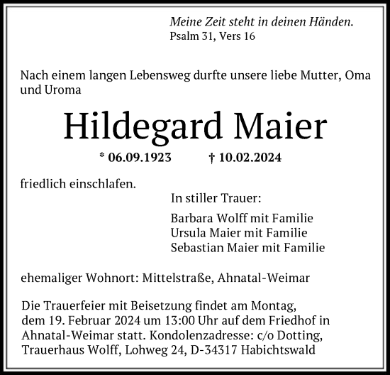 Todesanzeige von Hildegard Maier von HNA