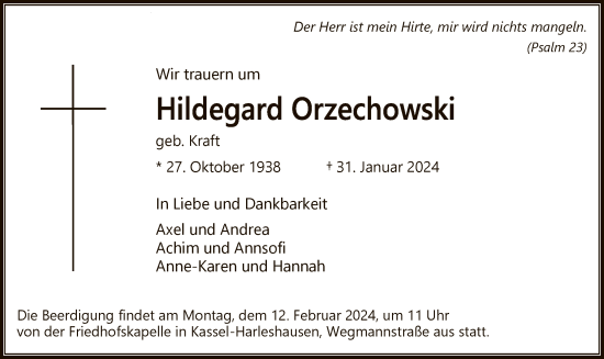 Todesanzeige von Hildegard Orzechowski von HNA