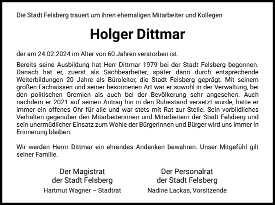 Todesanzeige von Holger Dittmar von HNA