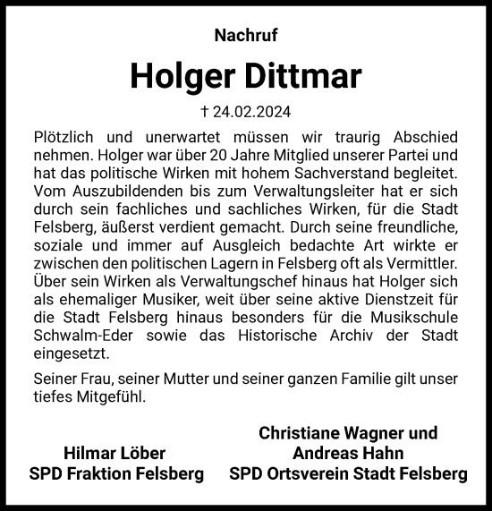 Todesanzeige von Holger Dittmar von HNA