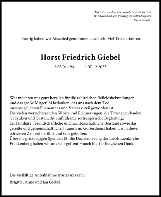 Todesanzeige von Horst Friedrich Giebel von HNA