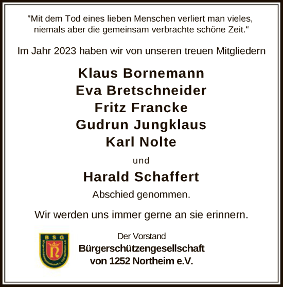 Todesanzeige von Im Gedenken Bürgerschützengesellschaft von 1252 Northeim e.V. von HNA