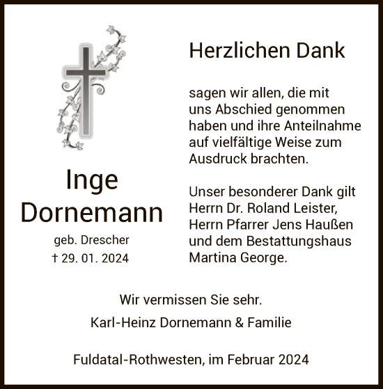 Todesanzeige von Inge Dornemann von HNA