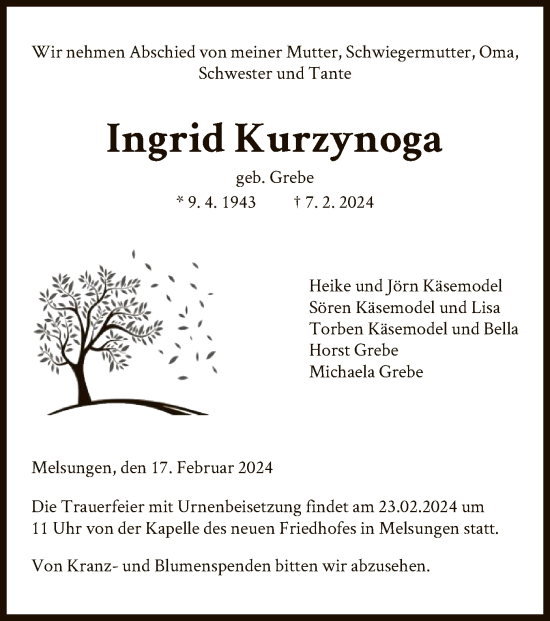 Todesanzeige von Ingrid Kurzynoga von HNA