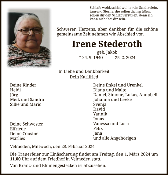 Todesanzeige von Irene Stederoth von HNA