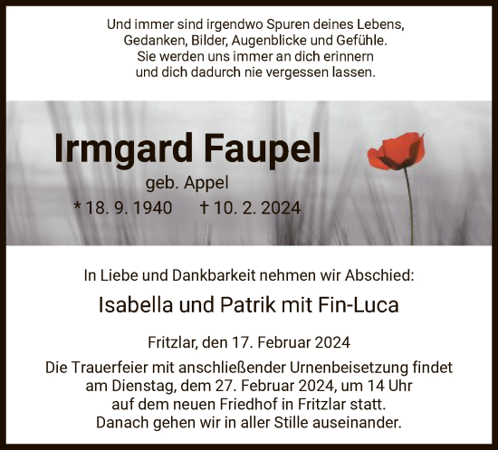 Todesanzeige von Irmgard Faupel von HNA