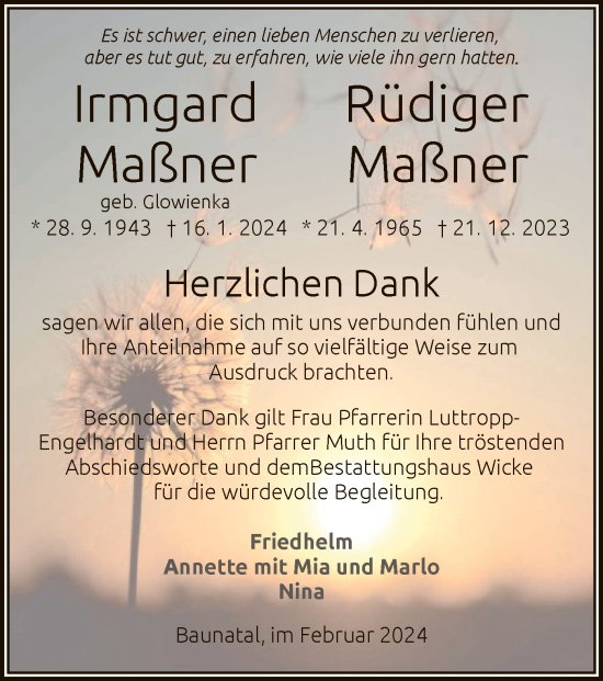Todesanzeige von Irmgard und Rüdiger Maßner von HNA