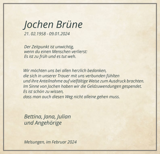 Todesanzeige von Jochen Brüne von HNA