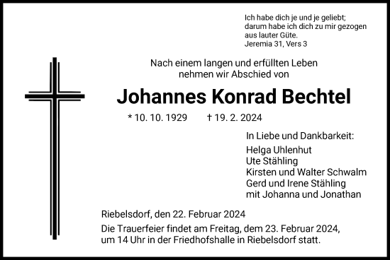 Todesanzeige von Johannes Konrad Bechtel von HNA