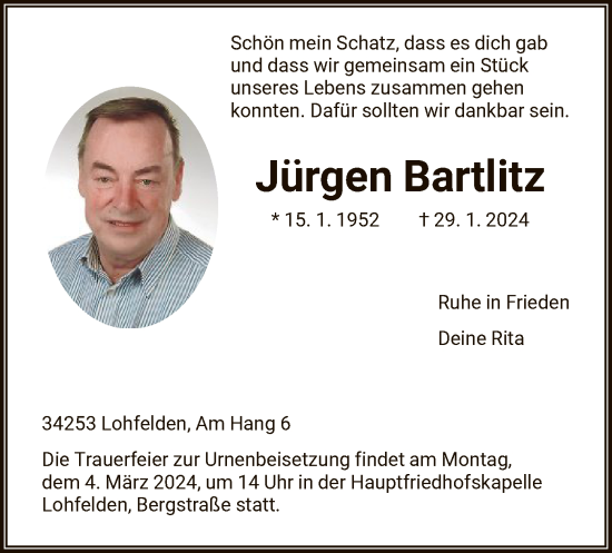 Todesanzeige von Jürgen Bartlitz von HNA