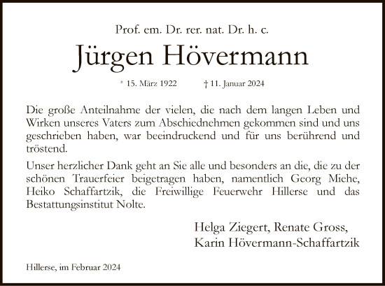 Todesanzeige von Jürgen Hövermann von HNA
