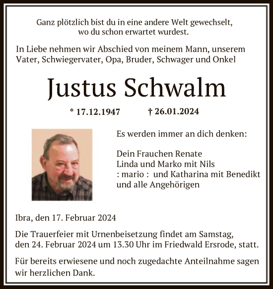 Todesanzeige von Justus Schwalm von HNA