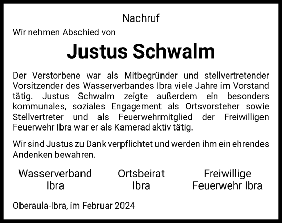 Todesanzeige von Justus Schwalm von HNA