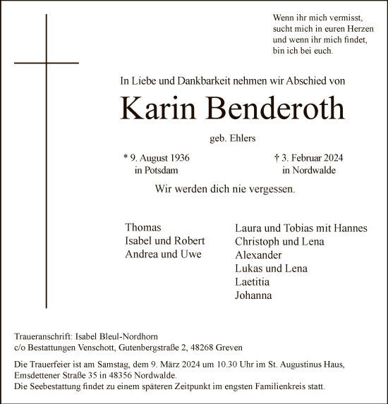 Todesanzeige von Karin Benderoth von HNA
