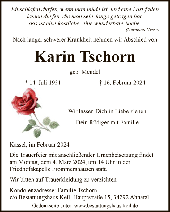 Todesanzeige von Karin Tschorn von HNA