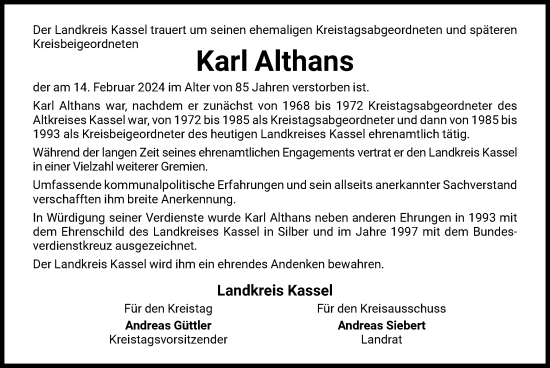 Todesanzeige von Karl Althans von HNA