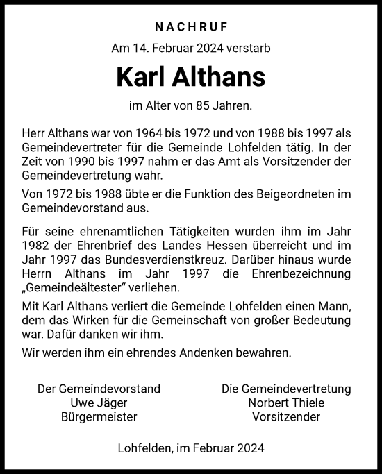 Todesanzeige von Karl Althans von HNA