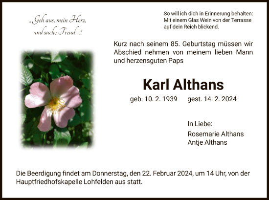 Todesanzeige von Karl Althans von HNAHNA