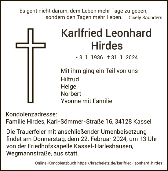 Todesanzeige von Karlfried Leonhard Hirdes von HNA