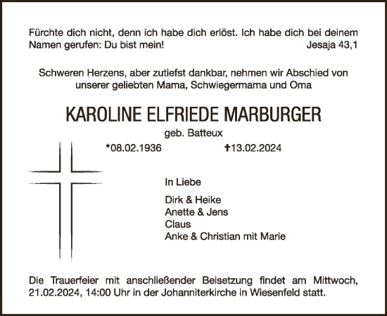 Todesanzeige von Karoline Elfriede Marburger von HNA