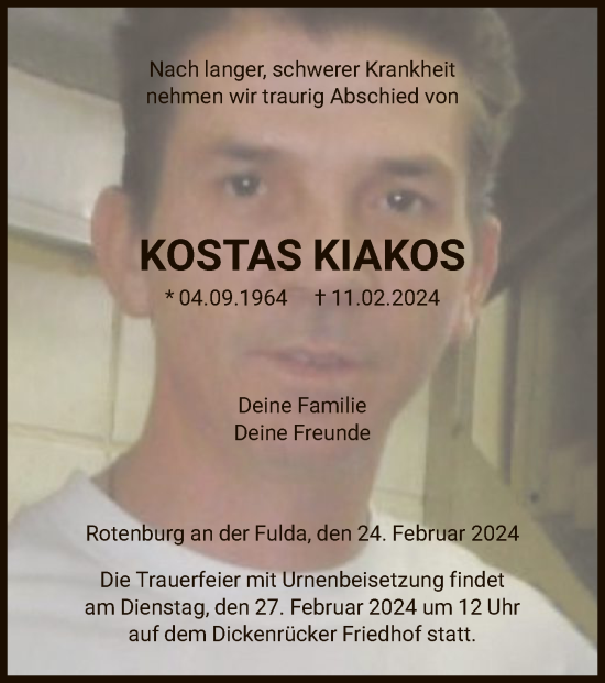Todesanzeige von Kosta Kiakos von HNAHNA