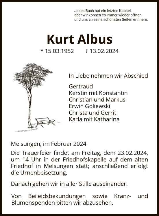 Todesanzeige von Kurt Albus von HNA