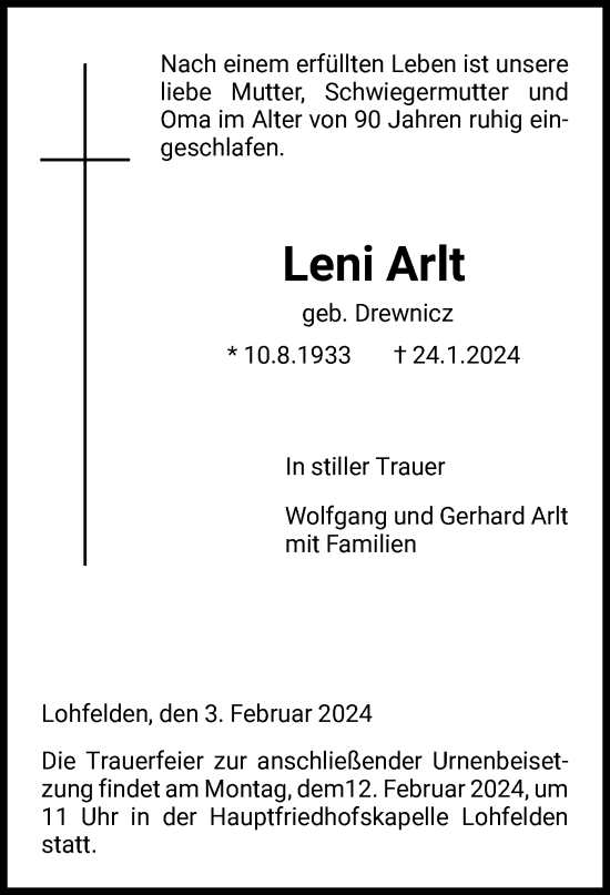 Todesanzeige von Leni Arlt von HNA