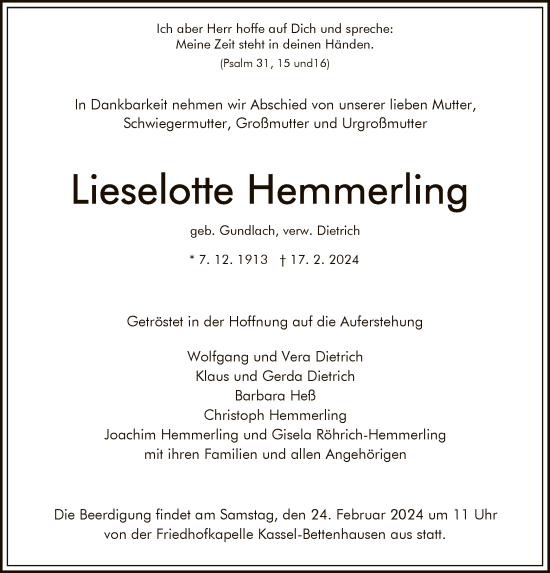 Todesanzeige von Lieselotte Hemmerling von HNA