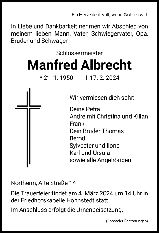 Todesanzeige von Manfred Albrecht von HNA