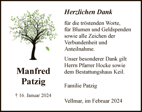 Todesanzeige von Manfred Patzig von HNA