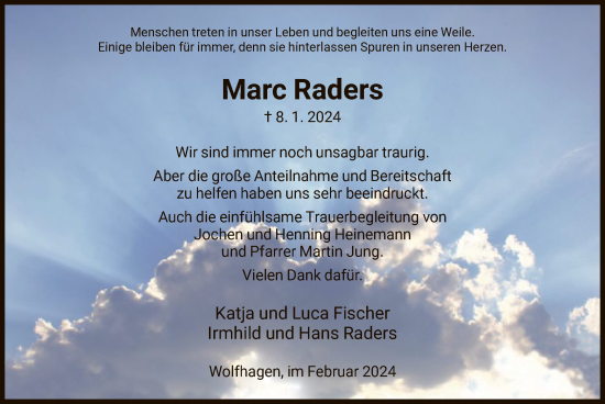 Todesanzeige von Marc Raders von HNA