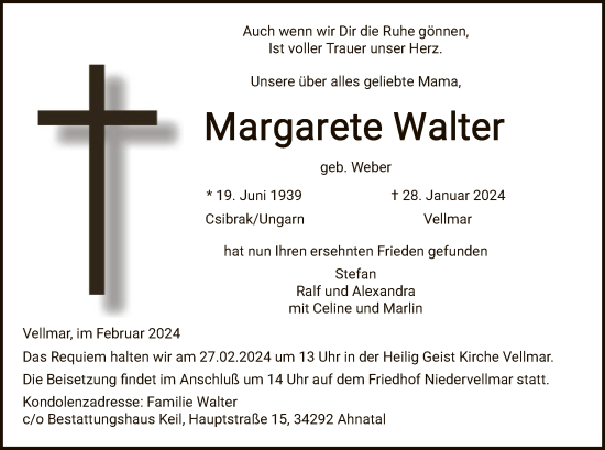 Todesanzeige von Margarete Walter von HNA