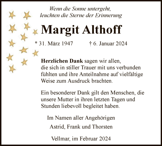 Todesanzeige von Margit Althoff von HNA